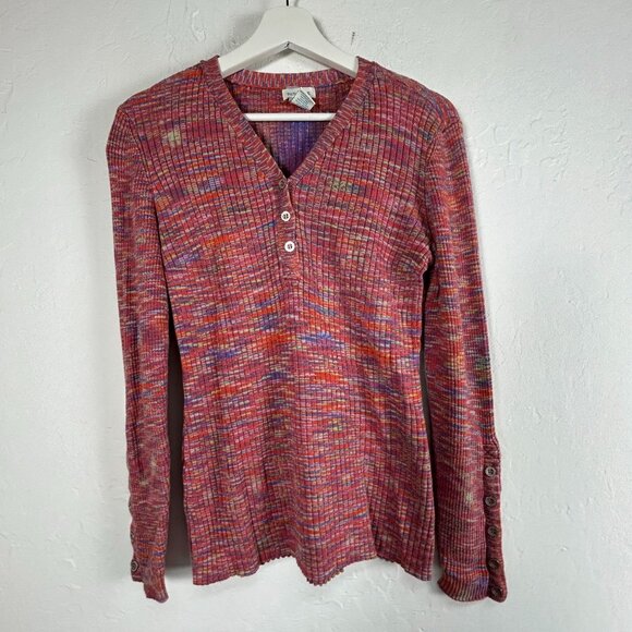 Sundance Womens Multicolor Ribbed V-Neck Henley Sweater Top Medium Long Sleeve - Picture 1 of 8